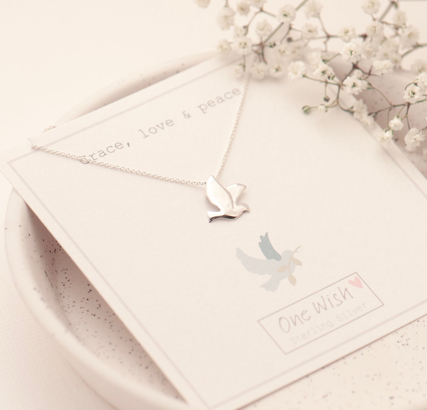 Grace Love and Peace gift card with sterling silver dove necklace