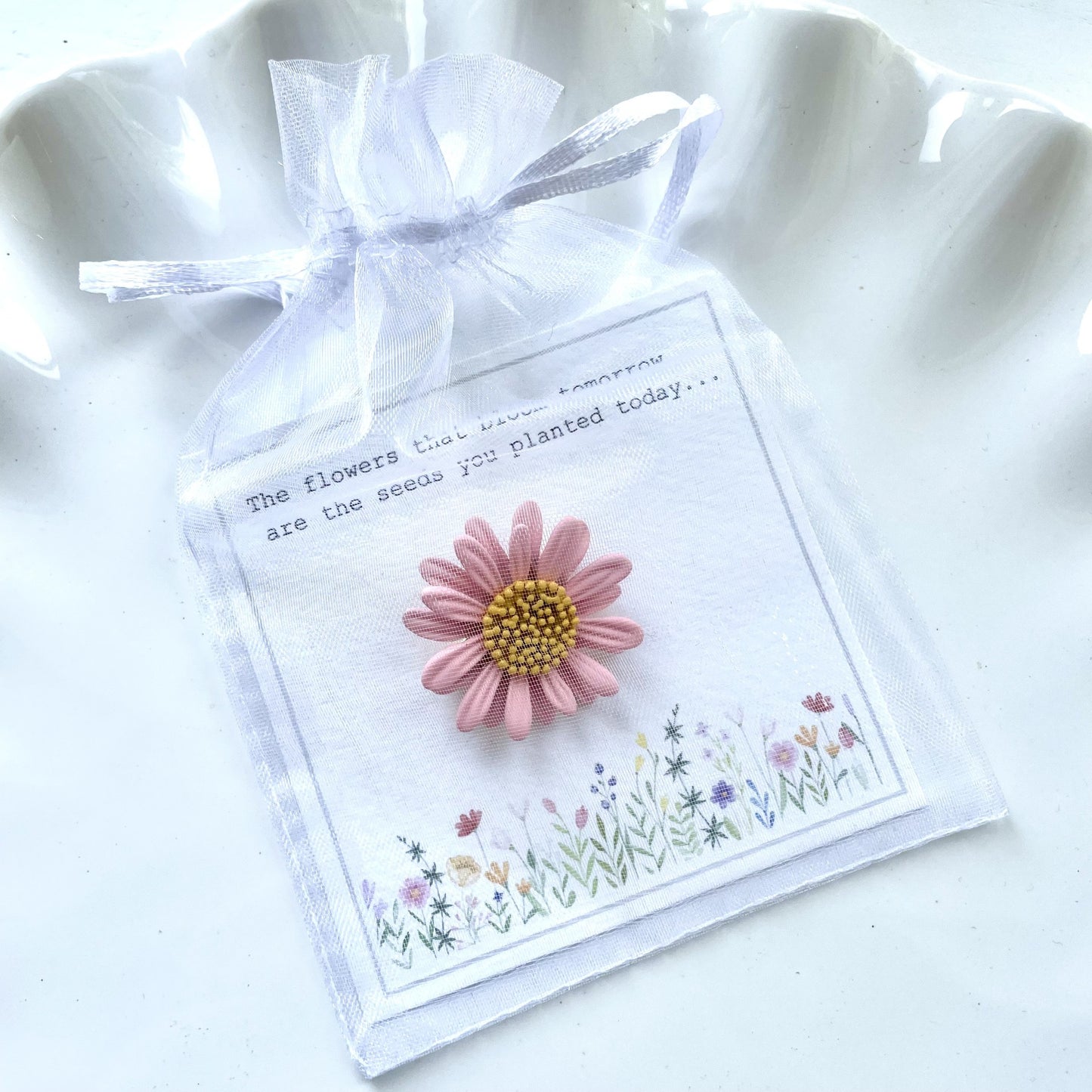 Teacher gift daisy brooch in organza bag ready to gift