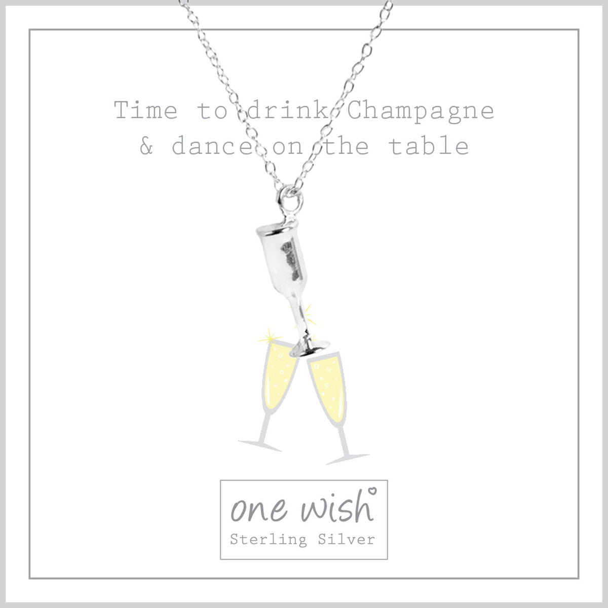 silver champagne flute necklace on a champagne related gift card