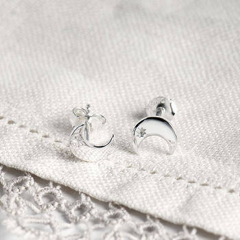 Tiny crescent moon sterling silver studs with star detailing