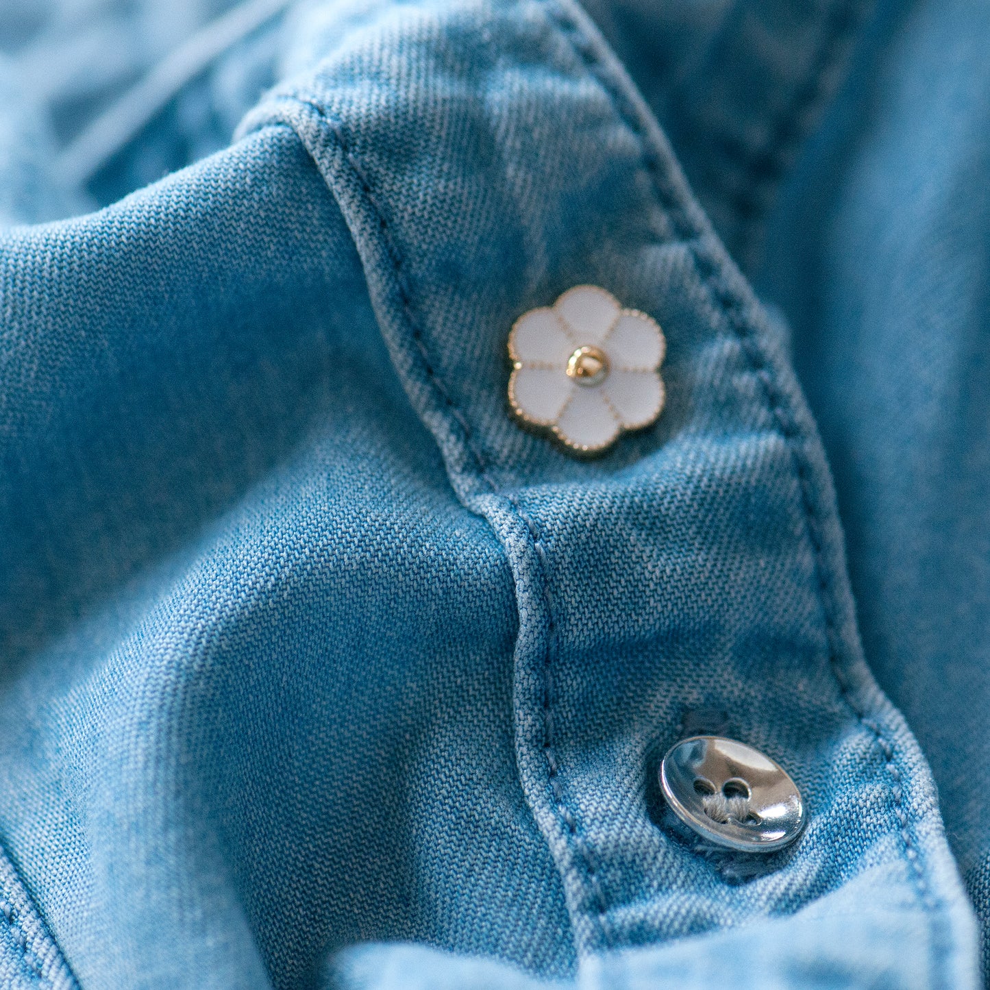 Tiny white enamel flower modesty pin on denim shirt, gifts under £10, gift for her, cute gift for friend