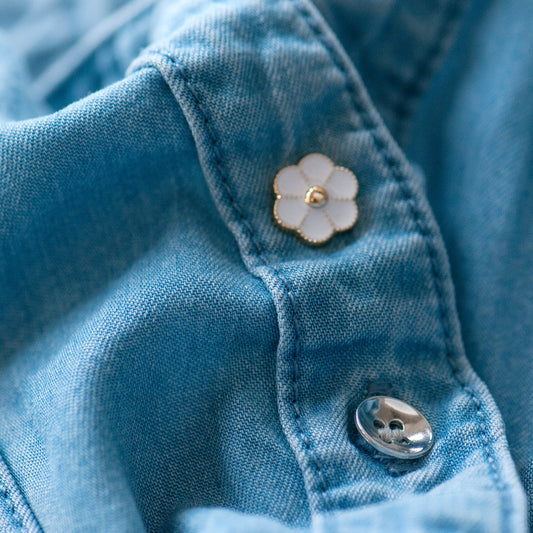 Tiny white enamel flower modesty pin on denim shirt, gifts under £10, gift for her, cute gift for friend