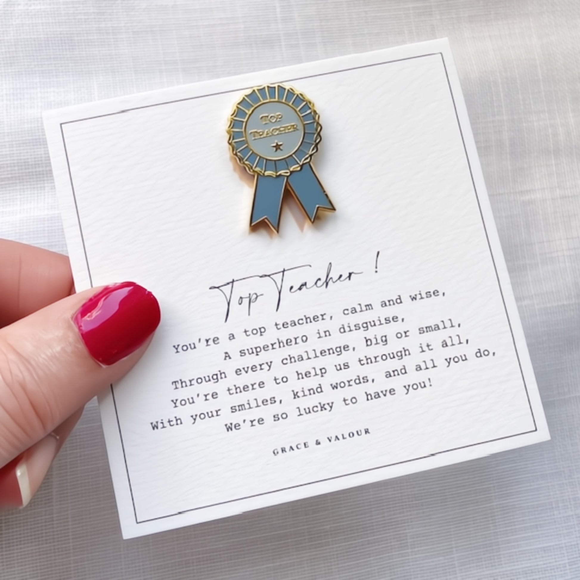 Top Teacher Rosette Enamel Pin on bespoke poem gift card teacher thank you gift