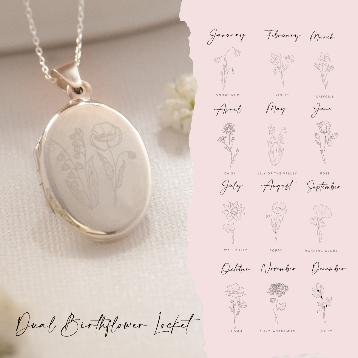 A silver oval locket pendant with engraved birthflower illustrations, shown beside a pink panel listing the twelve monthly flower names. Text at the bottom reads 'Dual Birthflower Locket.