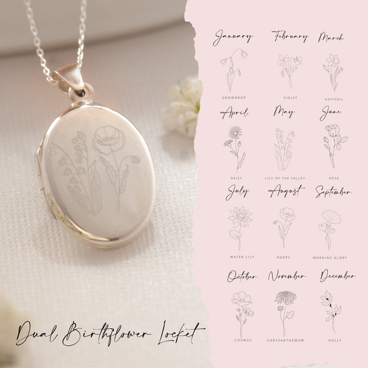 A silver oval locket pendant with engraved birthflower illustrations, shown beside a pink panel listing the twelve monthly flower names. Text at the bottom reads 'Dual Birthflower Locket.