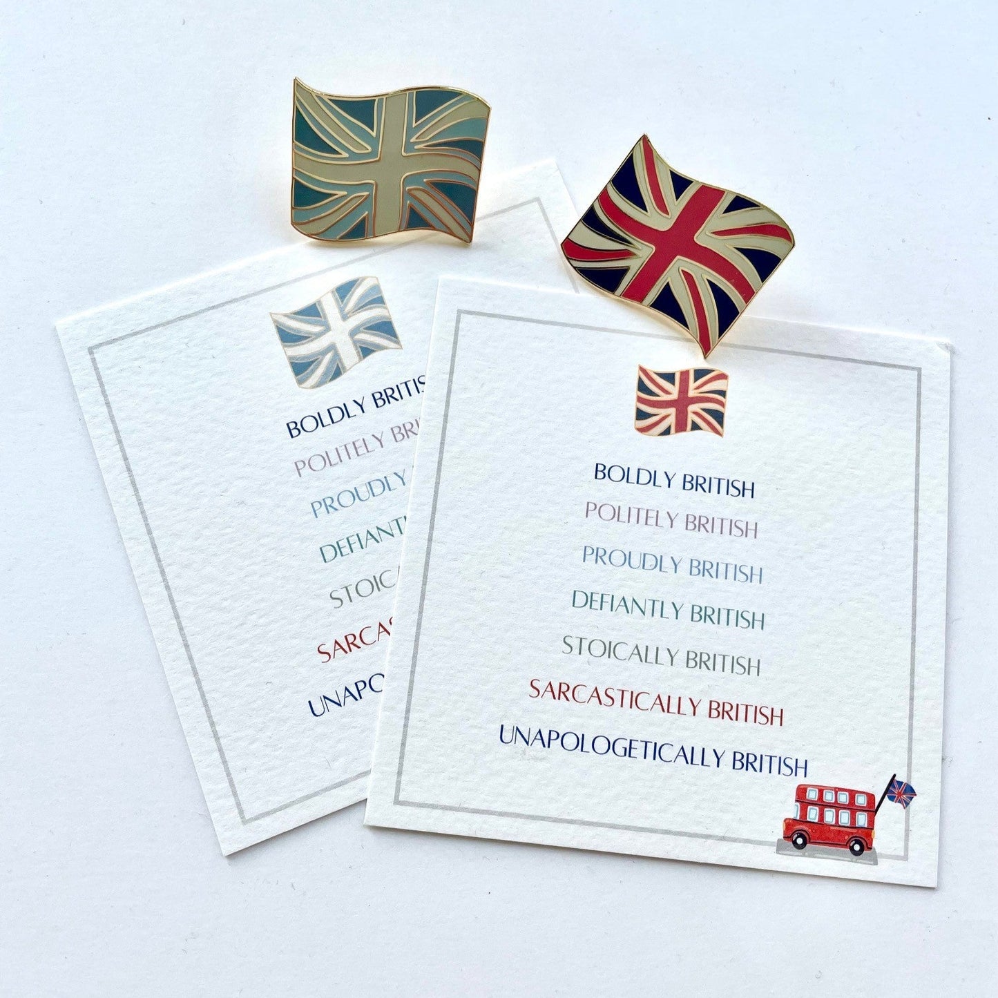 Union Jack or Union Flag Enamel pin. Available in either traditional red white and blue or soft coastal colours on my bespoke English Flag gift card