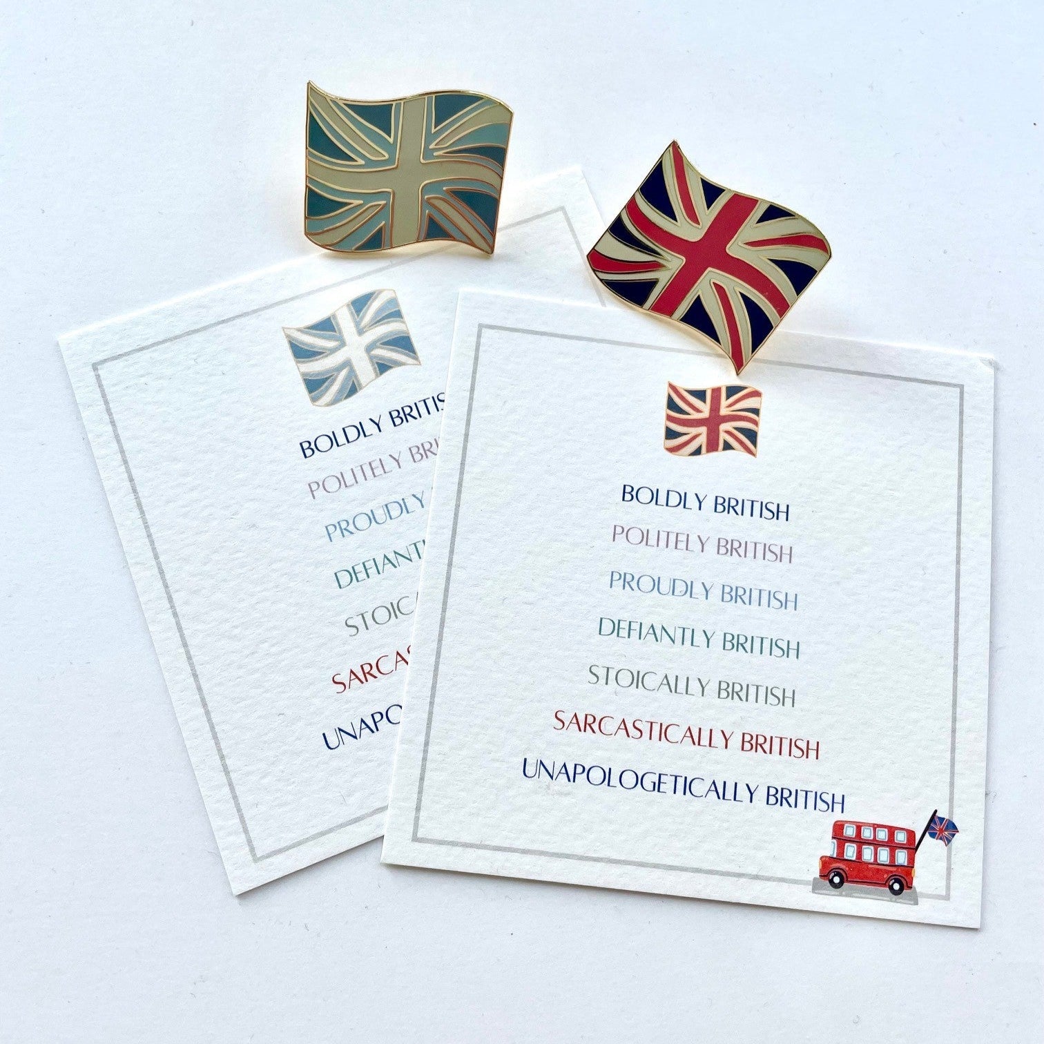 Union Jack or Union Flag Enamel pin. Available in either traditional red white and blue or soft coastal colours on my bespoke English Flag gift card