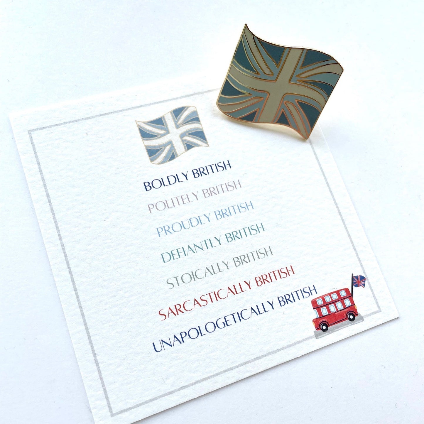 Union flag enamel pin in coastal colours, boldly british, designed by Rachel, Grace & Valour