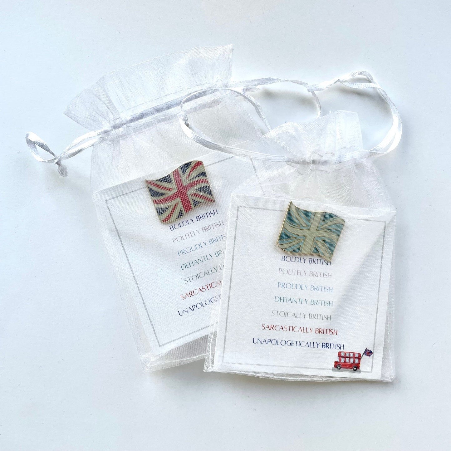 Union flag pins on my bespoke gift card - Boldly British and in my sweet chiffon pouches ready for gifting