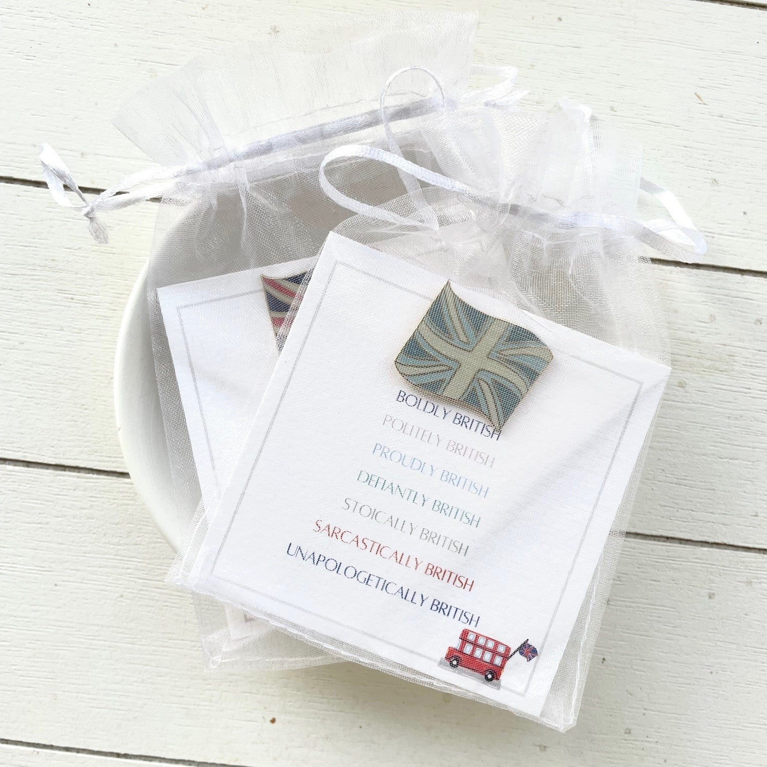 Union flag pins on my bespoke gift card - Boldly British and in my sweet chiffon pouches ready for gifting