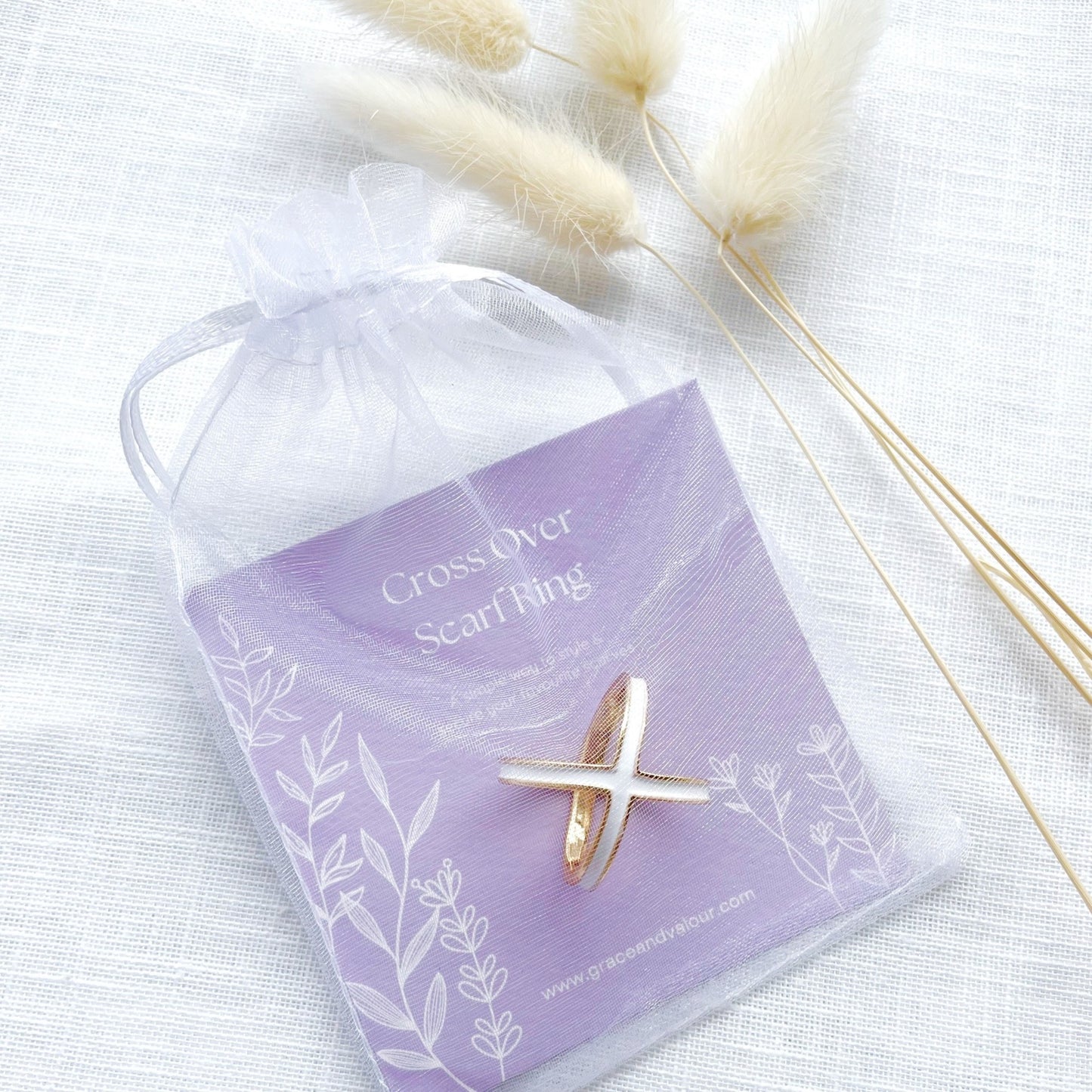 White enamel scarf ring, on branded gift card - cross over style scarf accessory in a chiffon pouch ready for gifting