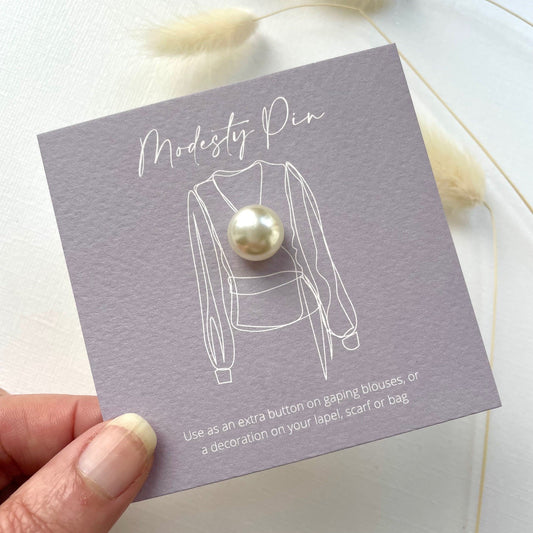 White faux pearl modesty pin on gift card, gifts under £10