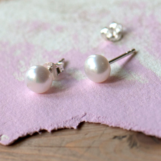 White freshwater sterling silver pearl 6mm studs on bespoke giftcard.  Gift for bridesmaids, gift for friend, birthday gift, gift for wife. 
