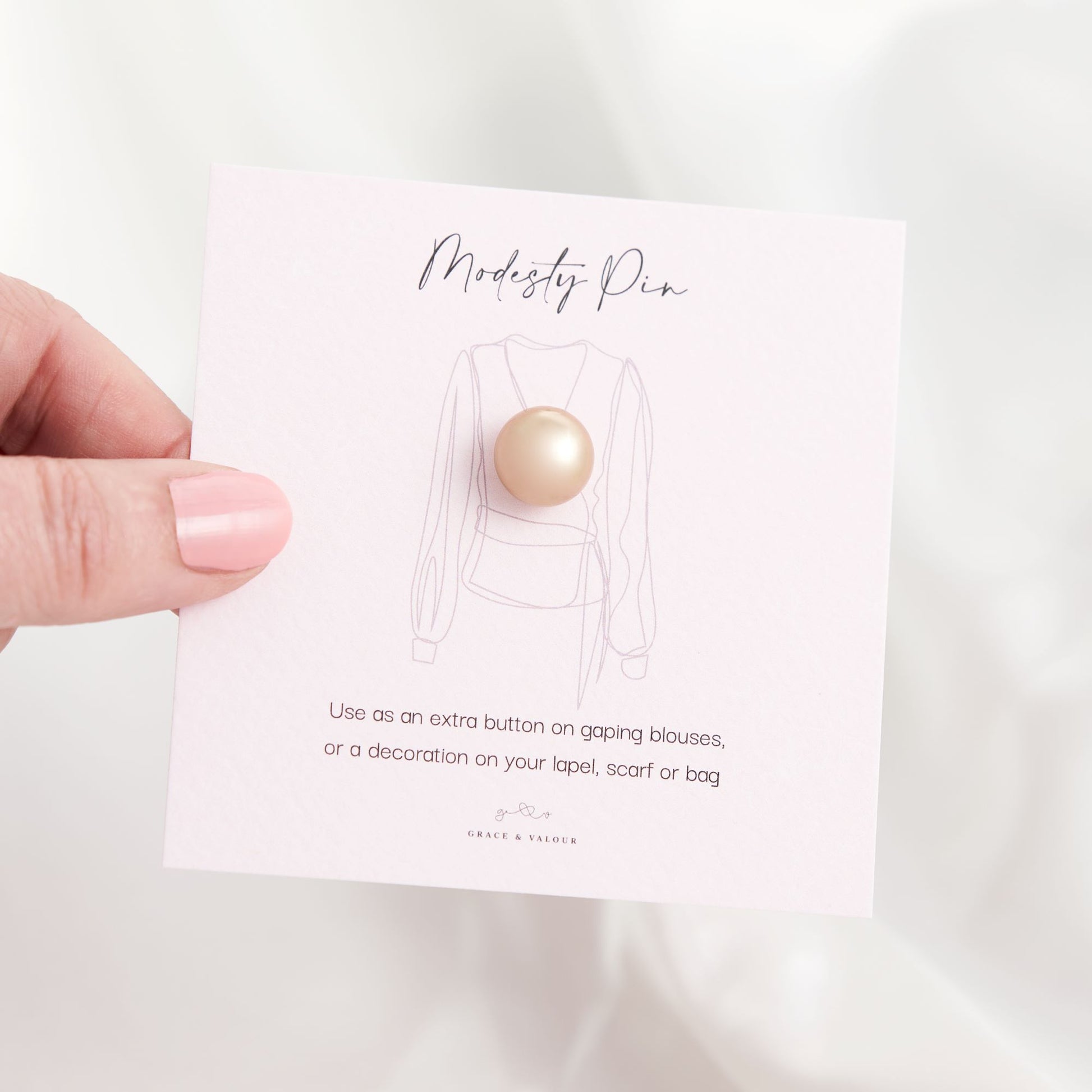 Champagne colour faux pearl modesty pin, extra button pin for a low cut blouse or wrap top. Gift for friend, gift for mum, gift for sister