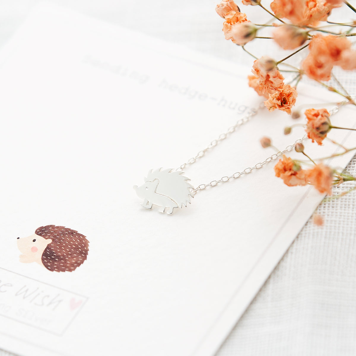 hedgehog silver necklace on hedgehog gift card