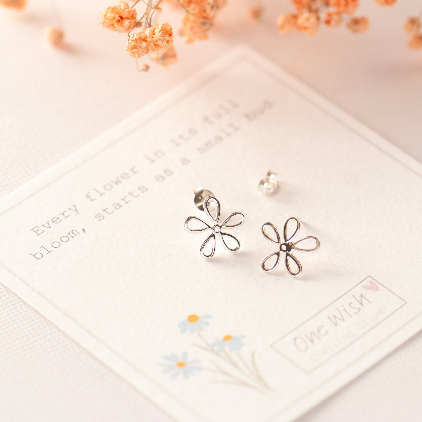 Sterling silver 925 daisy stud earrings on bespoke gift card - Every flower in its full bloom, starts as a small bud.  Gift for friend, gift of encouragement, gift for her, stud earrings silver, flower studs