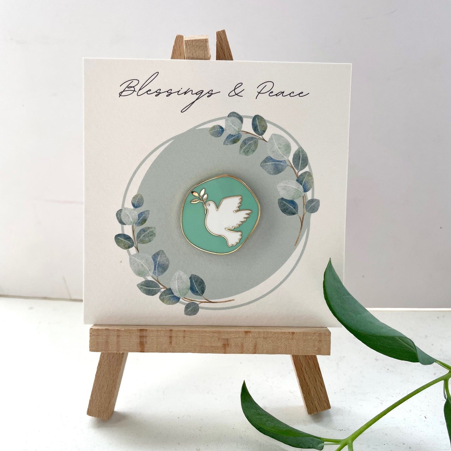 Mint green dove of peace lapel pin on my bespoke blessings & peace gift card, enamel pins, gifts under £10