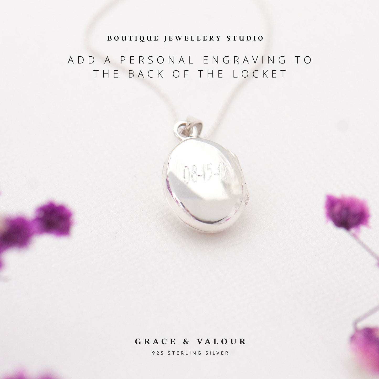 Back view of the little sterling silver oval locket, engraved with a special date