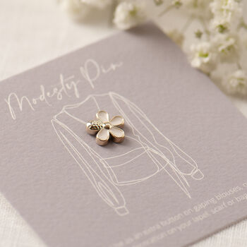 modesty pin gift card with white five petal flower pin, cleavage pin, gifts under £10