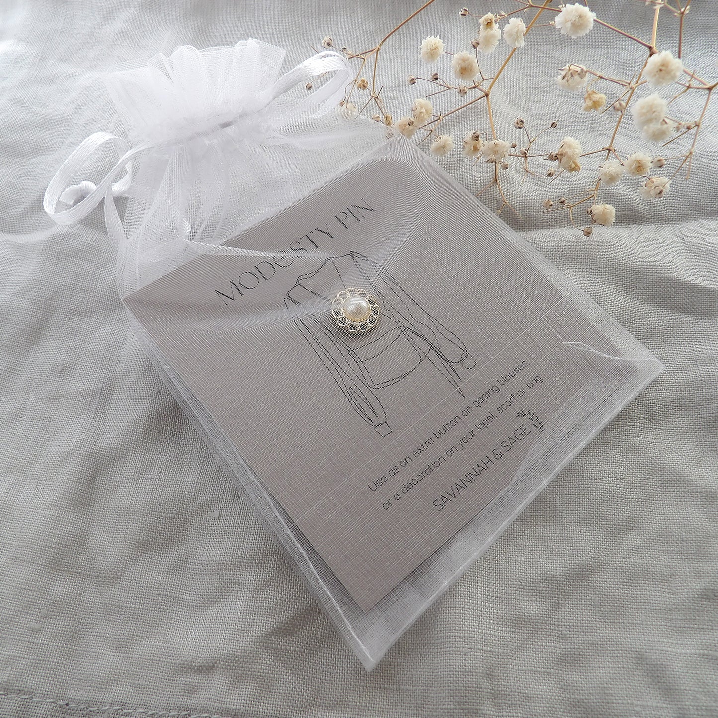 flower pearl modesty pin on gift card in chiffon pouch ready for gifting - Grace & Valour