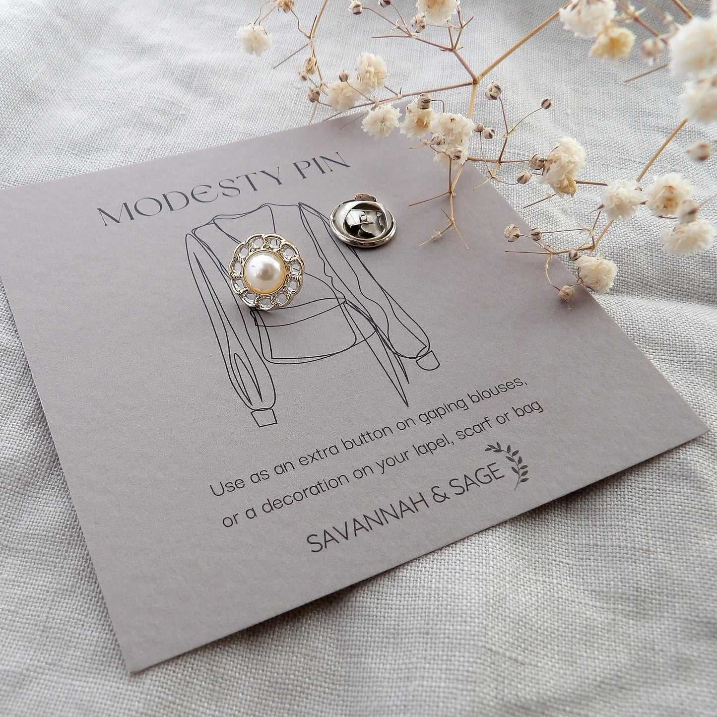 flower pearl modesty pin on giftcard, gifts under £10