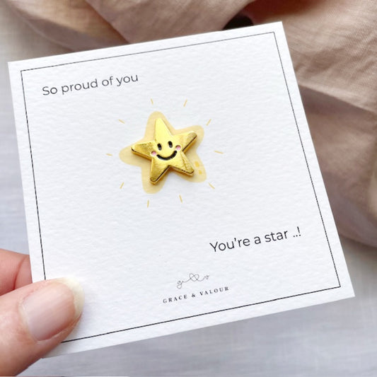 Smiley Face Gold Star Pin Badge – ‘So Proud of You’ Exam Results Gift