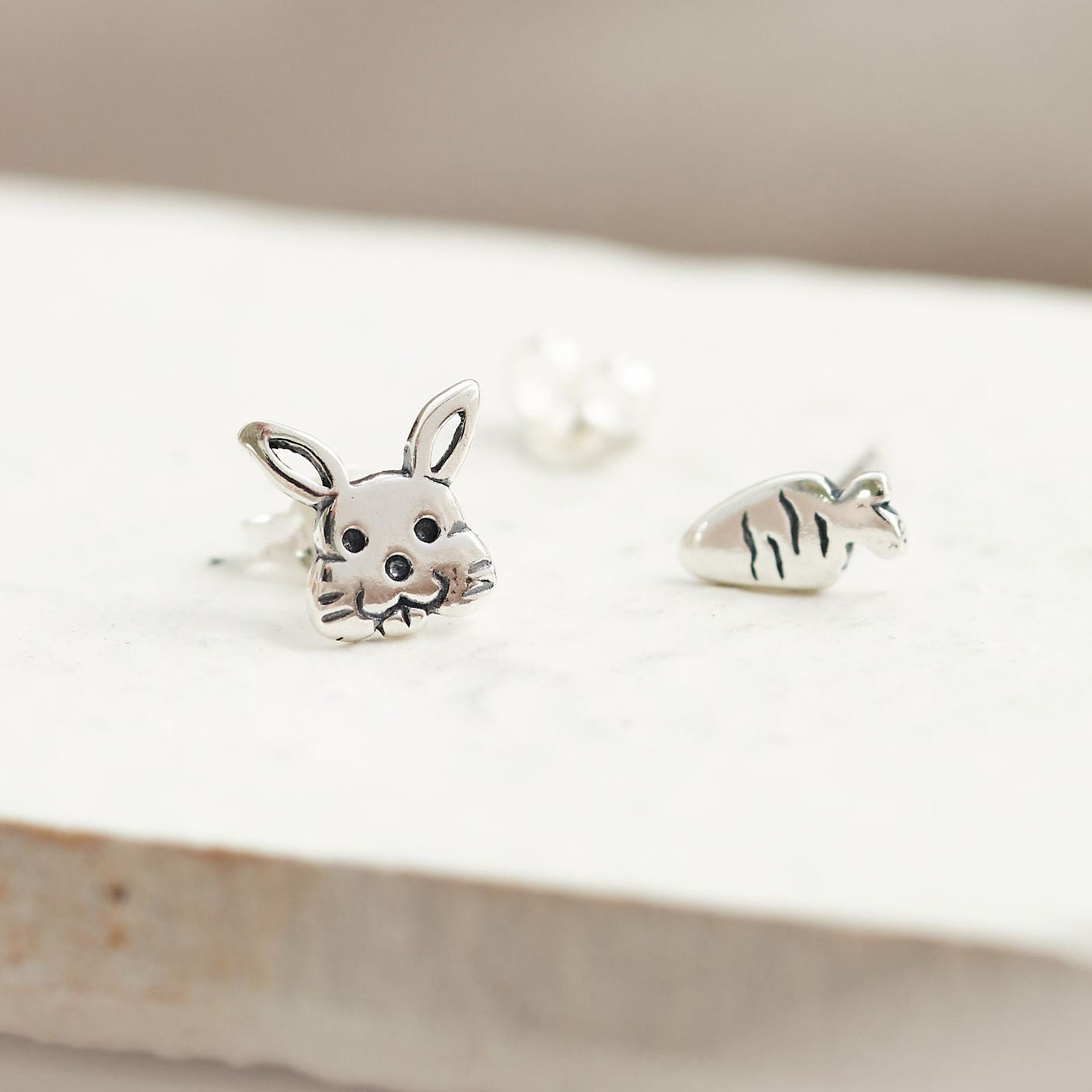 Rabbit & Carrot Mismatched Earrings, Sterling Silver