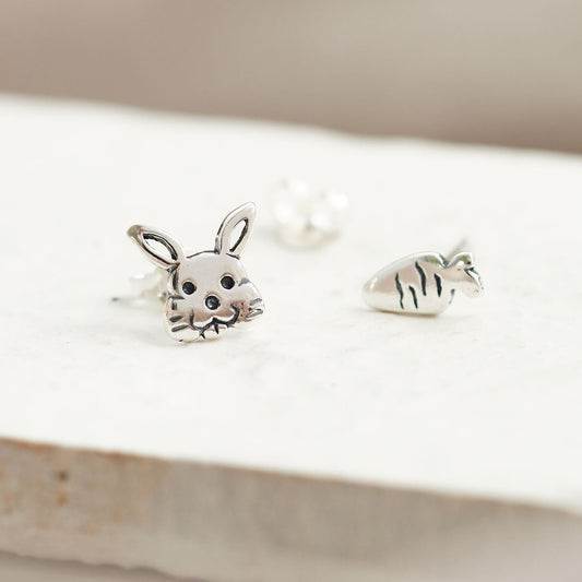 Rabbit & Carrot Mismatched Earrings, Sterling Silver
