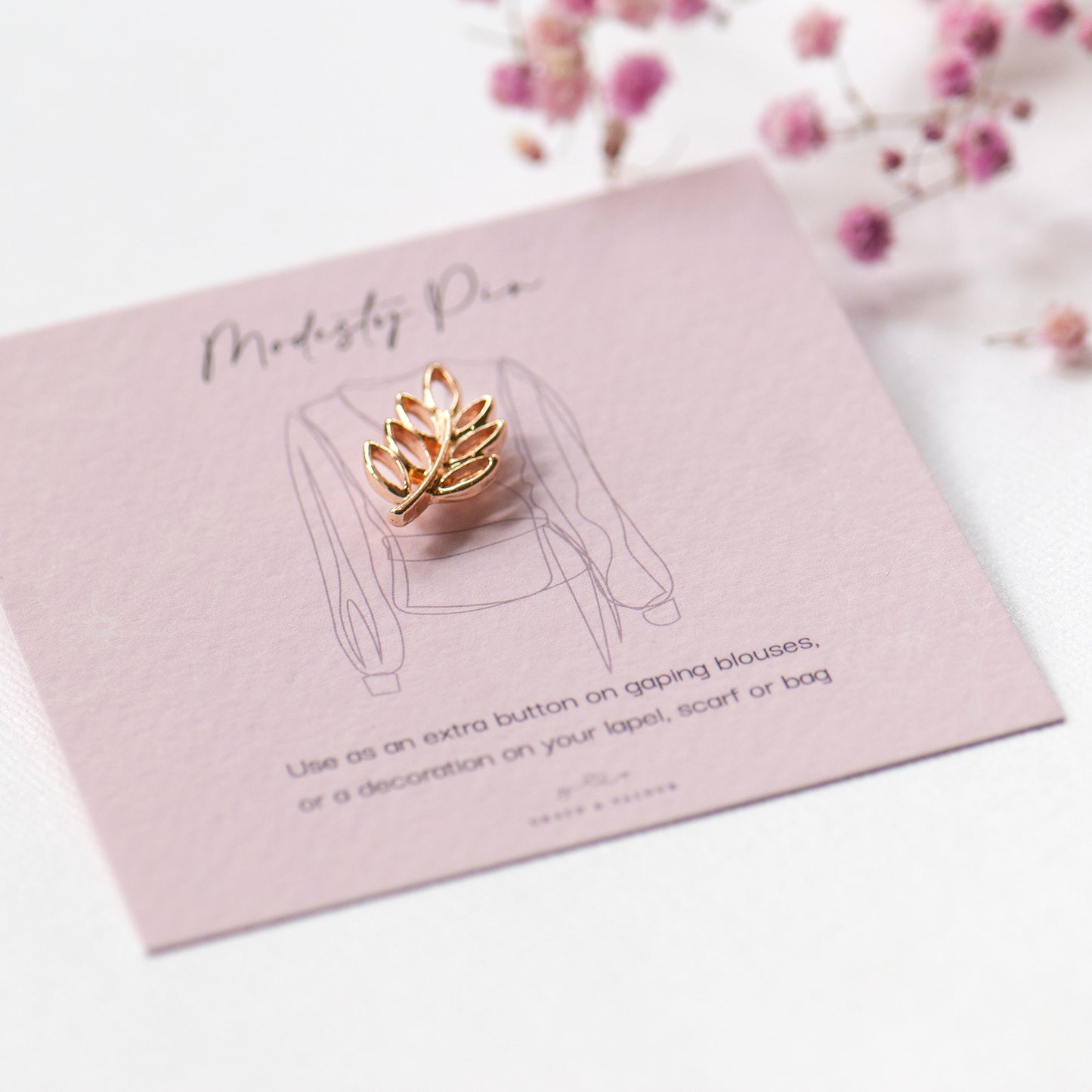 Gold leaf modesty pin on bespoke Grace & Valour gift card. gold leaf design modesty pin, nature lover gift, low top pin, cleavage pin, gift for her, gift for daughter, gift for friend