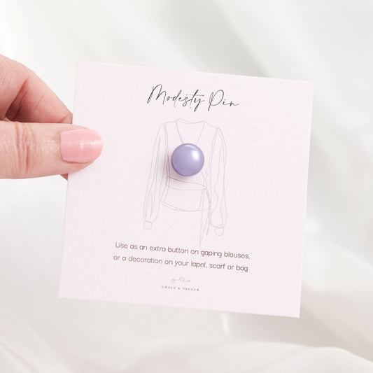 lilac modesty pin Grace and Valour on gift card, gift under £10, gift for her, wedding favour gift.