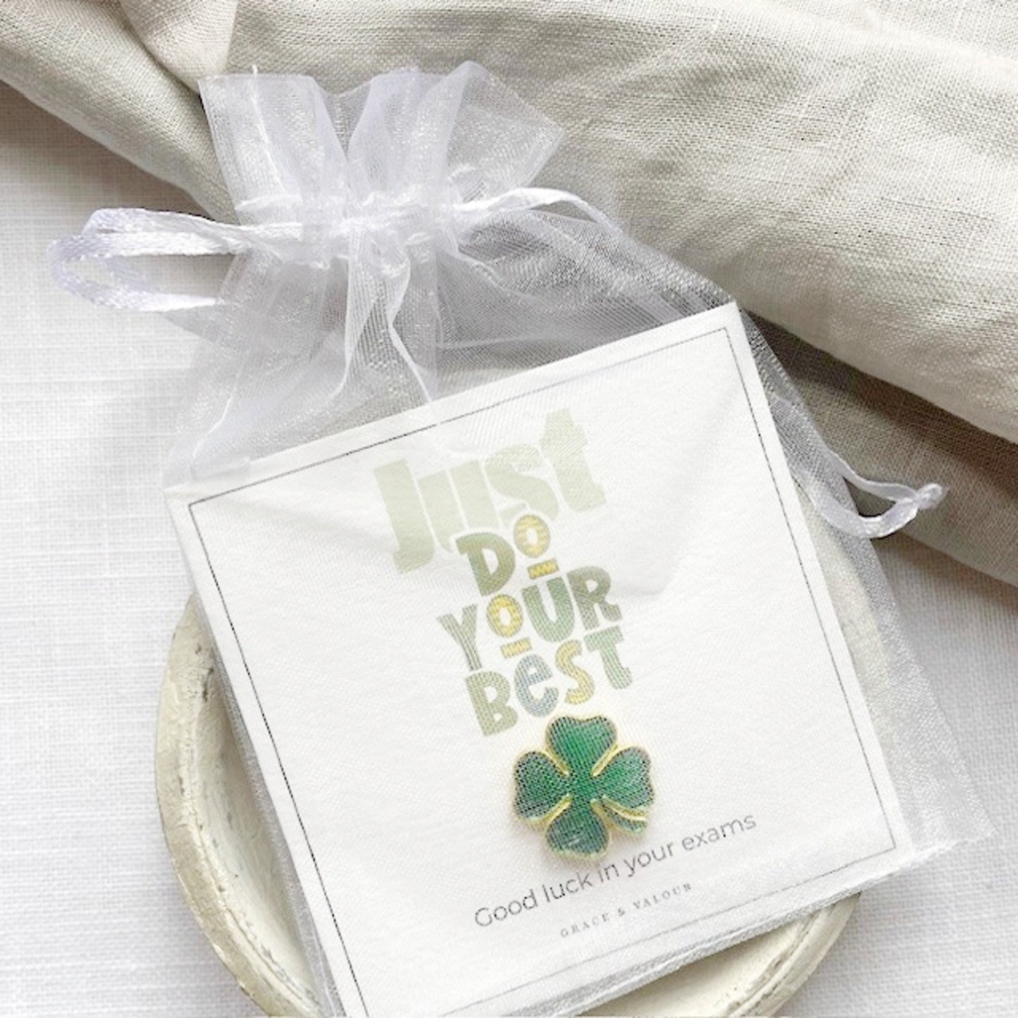 lucky clover enamel pin with just do your best card gift packaging