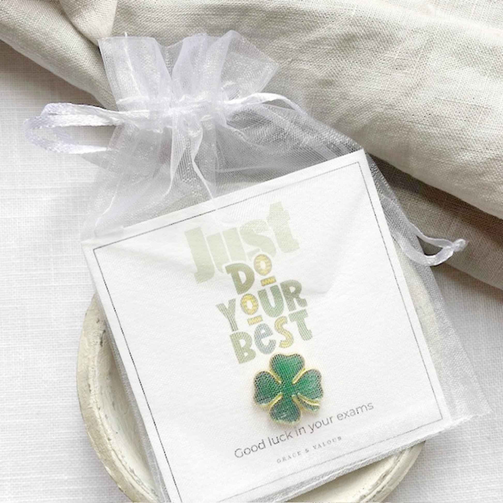 lucky clover enamel pin with just do your best card gift packaging
