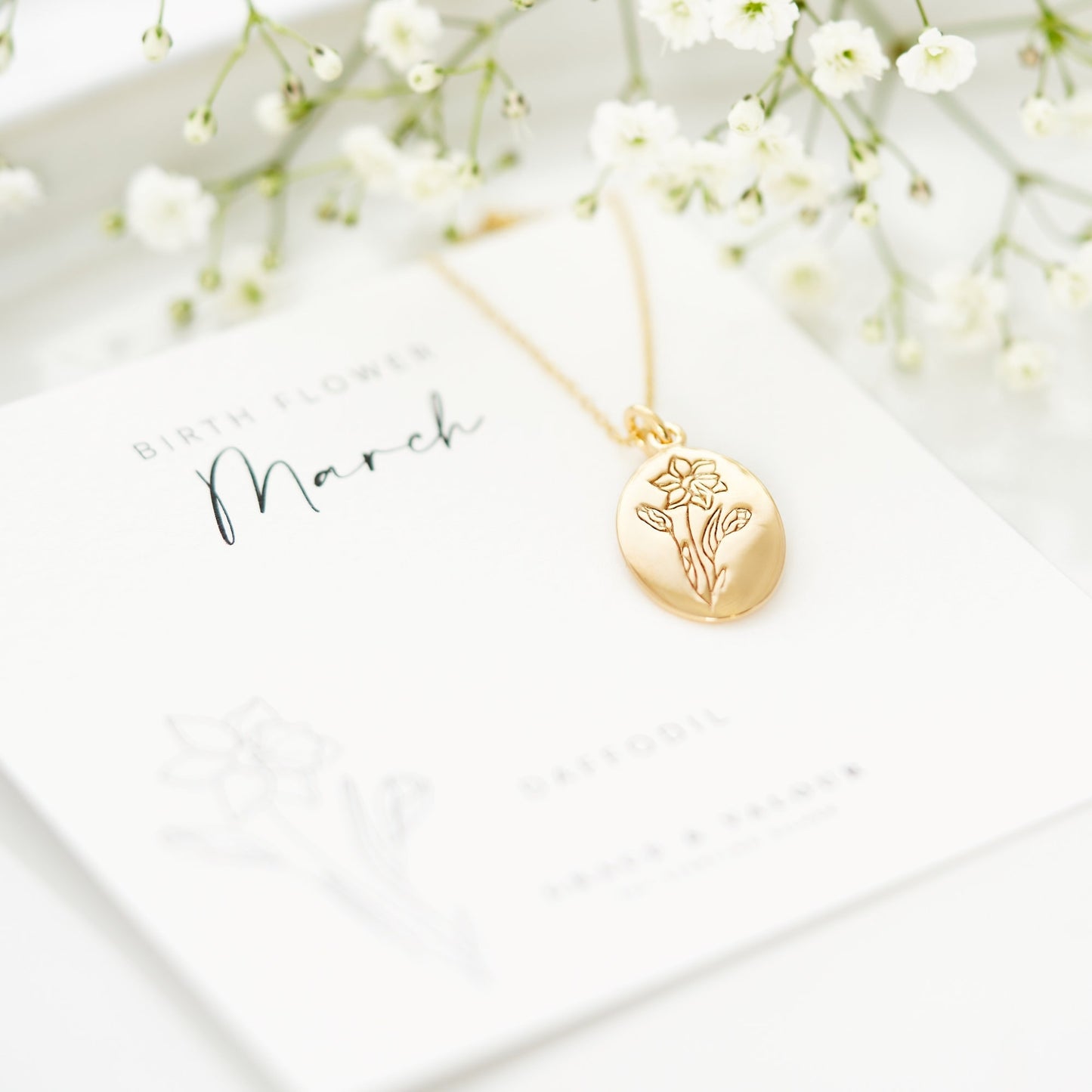 March birthflower, beautiful cheerful daffodil gold necklace, made from sterling silver and gold plated to one micron. Great gift for a march birthday girl, gift for mum, gift for mothers day, gift for her