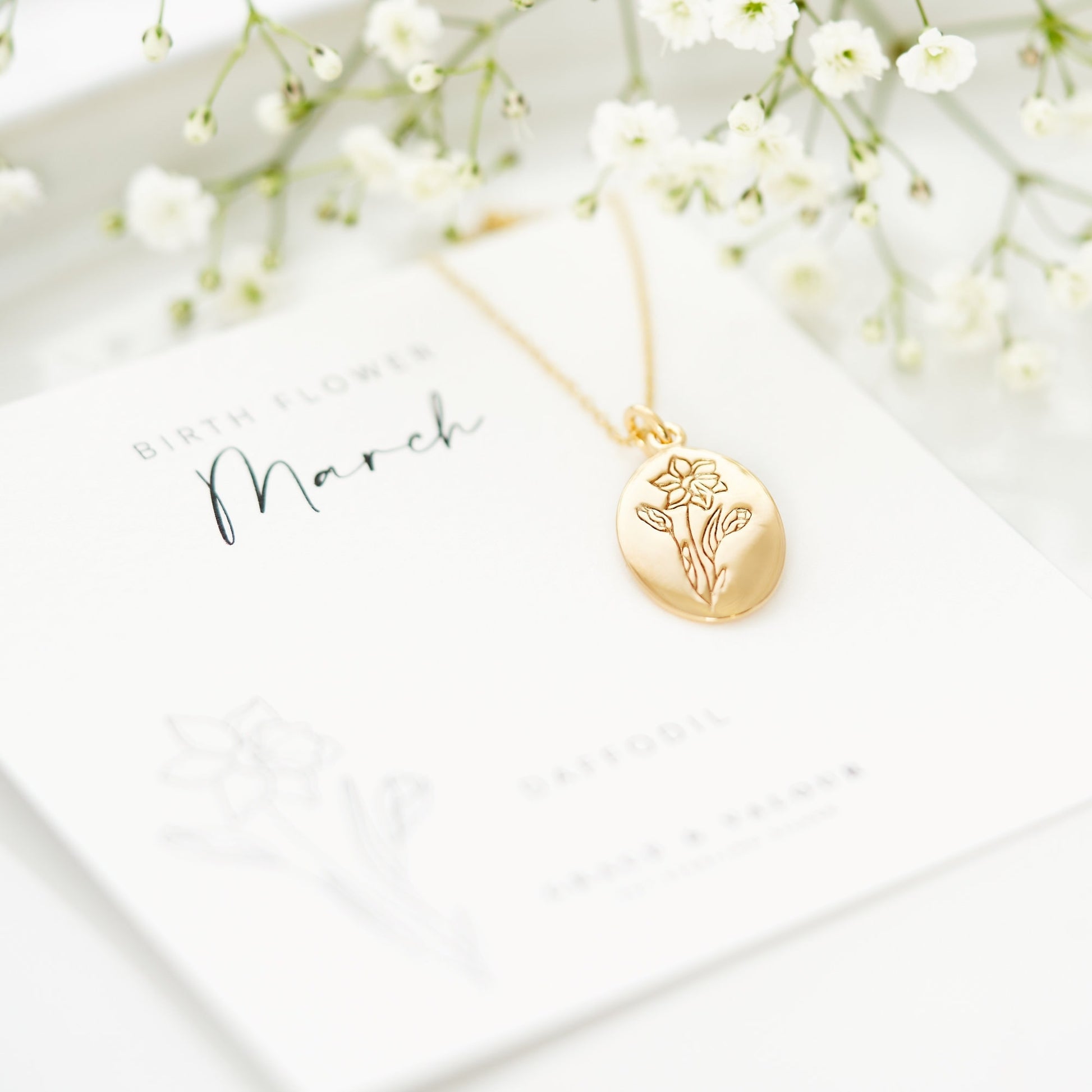 March birthflower, beautiful cheerful daffodil gold necklace, made from sterling silver and gold plated to one micron. Great gift for a march birthday girl, gift for mum, gift for mothers day, gift for her