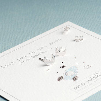 Cute little Sterling silver crescent moon stud earrings on bespoke - Love you to the moon and back gift card