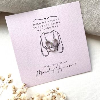 Be my maid of honour, lilac proposal card with silver heart pin