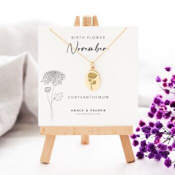 chrysanthemum birth flower for november engraved gold oval necklace on bespoke november gift card