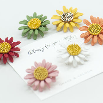 Colourful daisy brooches on bespoke gift card 'I picked a daisy for you'