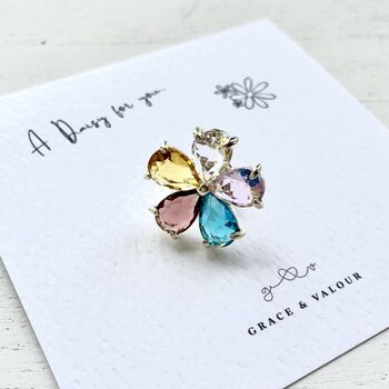 Crystal colourful daisy flower pin on bespoke 'picked a daisy for you' giftcard