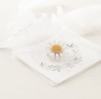 white daisy pin on olive wreath gift card which says in loving memory