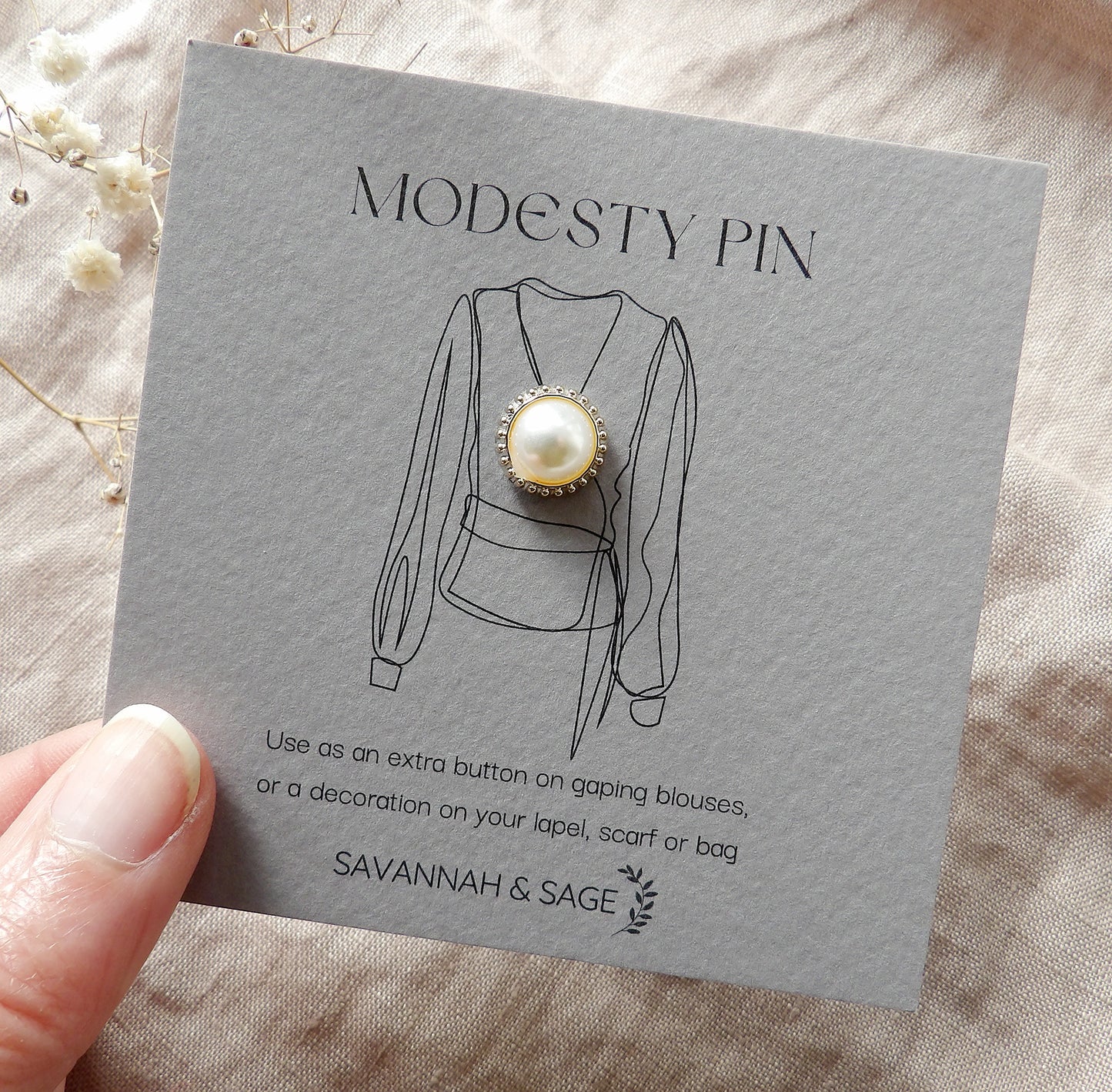 pearl modesty pin on bespoke gift card, use as an extra button
