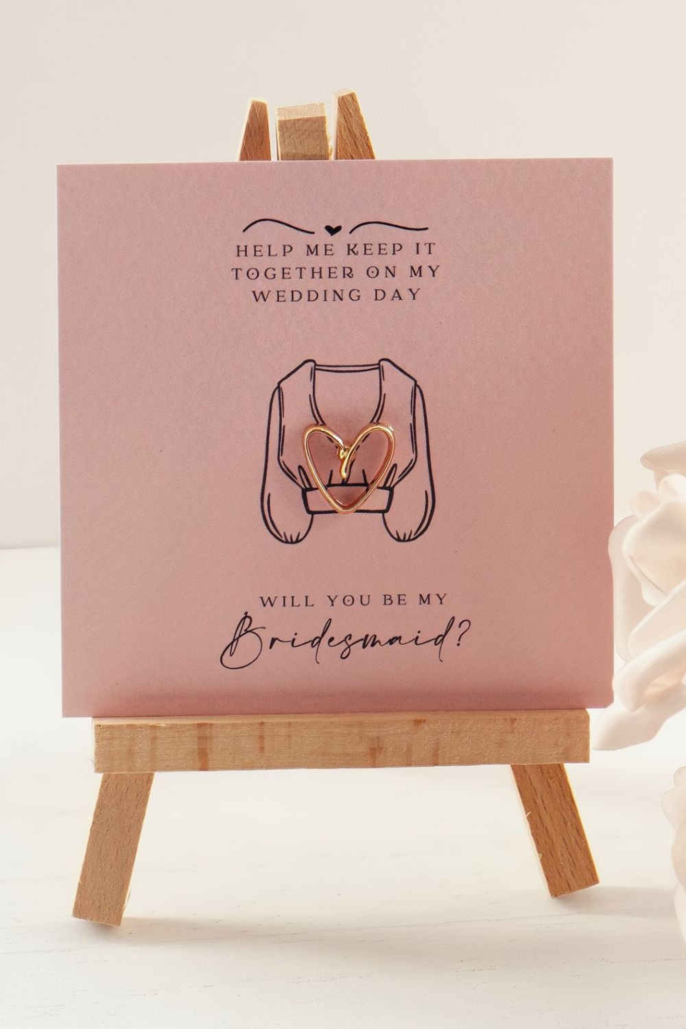 gift for bridesmaid, bridesmaid proposal gift card with decorative gold pin on small wooden easel
