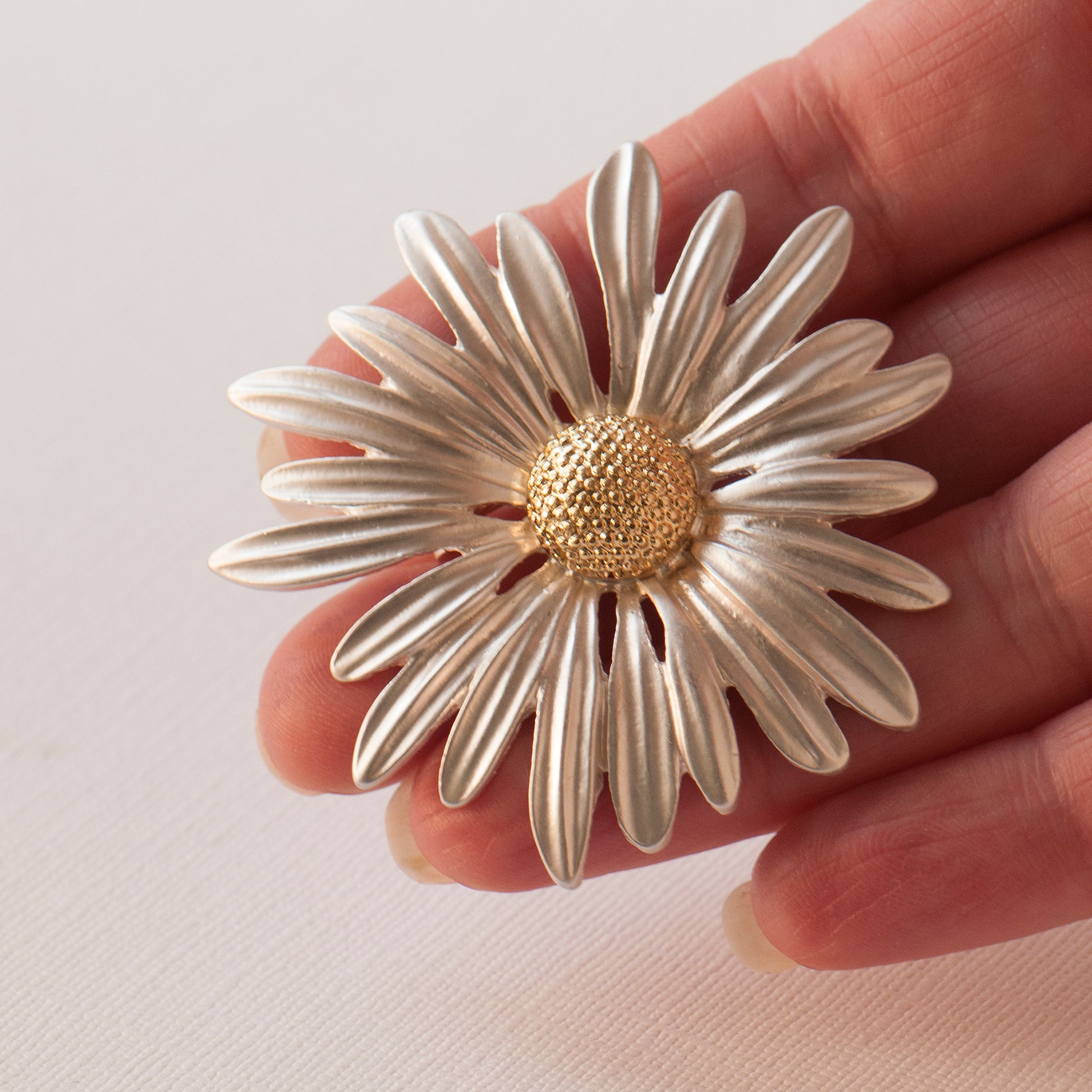 Large statement daisy silver and gold brooch. Thoughtful gift for her