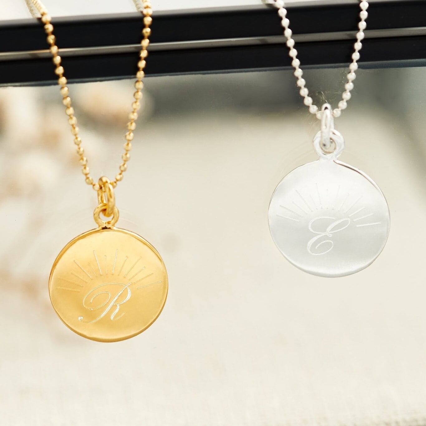 sunrise, sunset, initial disc necklaces made from sterling silver and gold or rose gold plated, gift for friend, personalised gift for her