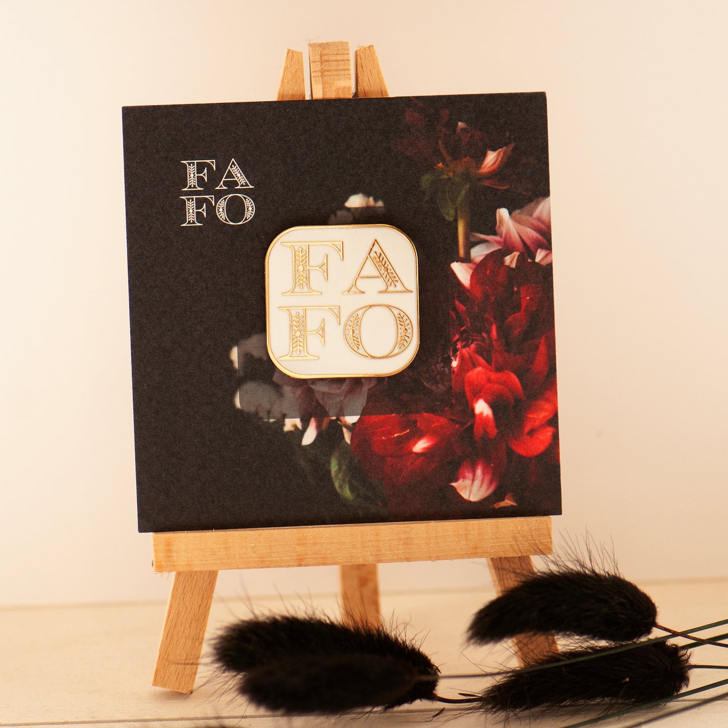 FAFO White & Gold enamel pin on bespoke flower gift card, gifts under £10. F around and Find out pin gift, funny pin gift